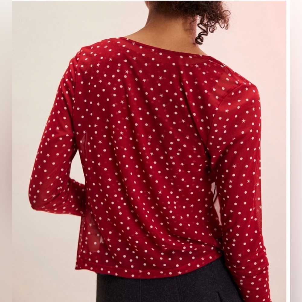 Free People Twosie For One Mesh Top Set in Berry Combo Polka Dot/Star Print Sz L - Picture 2 of 10